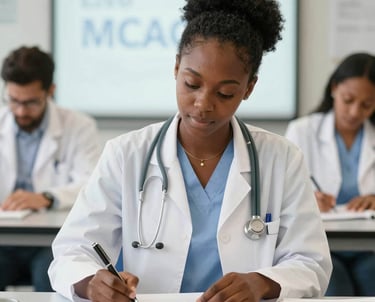 A diverse group of students engaged in a lively mentorship session with a Black American doctor.
