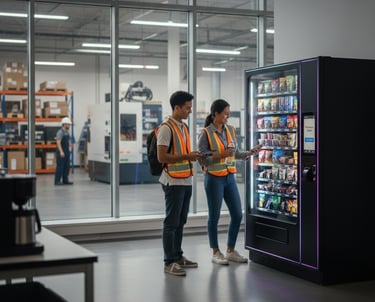 two people standing in front of a vending machine in warehouse manufacturing company