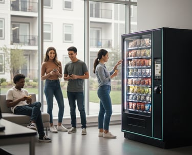 a group of people standing around a vending machine in appartment complexes