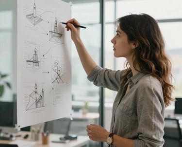 A female designer working in a bright office, sketching ideas on a glass wall. Professional, inspiring, International / European atmosphere.