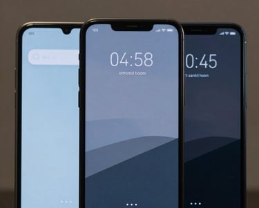 Clean product photography of three Android phones standing vertically, each showing a different minimalist app screen with blue and dark grey themes. Soft lighting, International / European tech aesthetic.
