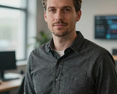 A portrait of a male lead developer in a modern studio setting, wearing professional attire. International / European setting, soft natural light, tech-focused environment.
