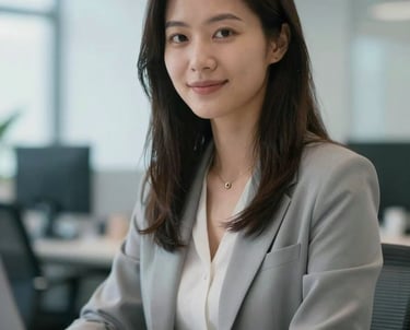 Professional portrait of a female QA engineer in a bright, modern office with soft blue lighting. International / European setting, focused and professional.