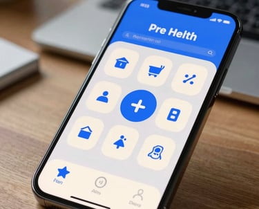 A close-up photograph of a smartphone showing a playful health-tracking app with bright blue and off-white icons. Set on a wooden table in an International / European office.