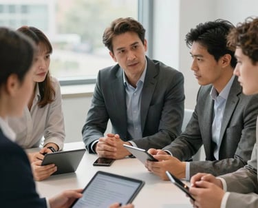 A group of professionals in a modern office having a productive discussion around a table with tablets and phones. Bright, natural lighting, International / European setting.