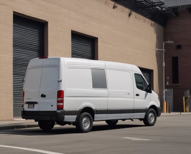 Cargo van parked outside a busy warehouse loading dock.