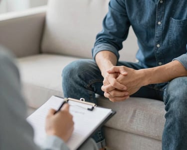 A calm therapy room with soft lighting and comfortable chairs arranged for a group session.