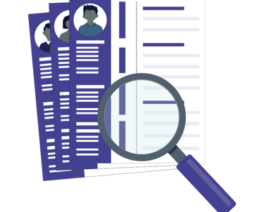 A magnifying glass inspecting professional resume documents for job recruitment and hiring.