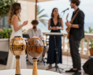 Sophisticated string quartet playing in a grand hotel ballroom bathed in warm gold light.
