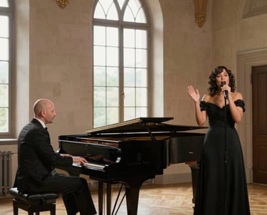 Elegant duo performing softly in a candlelit hotel lounge.