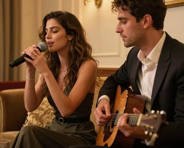 An intimate duo performing softly in a luxurious hotel lounge bathed in warm golden light.