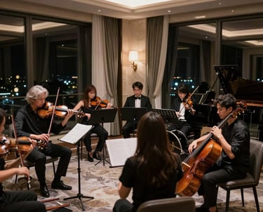 A curated ensemble of musicians rehearsing in a sleek, minimalist studio space.