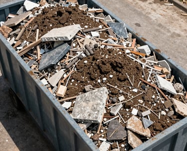 Construction debris and soil piled next to a Solidus rental container on a building site.