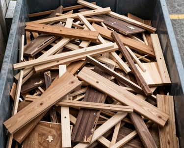 Wooden planks and beams stacked neatly beside a Solidus waste container.