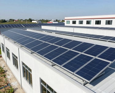 Solar panels installed on a modern building surrounded by greenery.