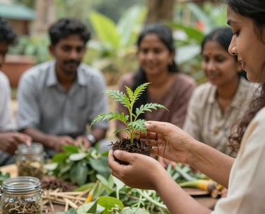A warm, inviting gathering of people sharing herbal teas and stories in a cozy, sunlit community space surrounded by plants.
