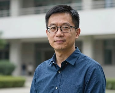 A professional portrait of an East Asian male academic expert in a refined East Asian / Hong Kong / Greater Bay Area campus setting, wearing a Steel Blue shirt and glasses.
