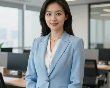 A professional portrait of an East Asian female consultant in a bright East Asian / Hong Kong / Greater Bay Area office setting, dressed in business attire with Sky Blue accents.
