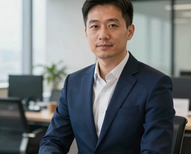 A professional portrait of an East Asian male executive (representing Akang) in a modern East Asian / Hong Kong / Greater Bay Area office, wearing a Deep Navy Blue blazer, radiating expertise and trust.