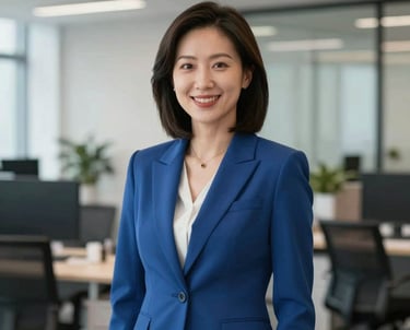 A professional portrait of an East Asian female expert in a modern East Asian / Hong Kong / Greater Bay Area office, wearing a Steel Blue business suit, smiling confidently at the camera.