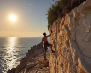A group climbing a multi-pitch route on a steep rocky cliff in Alicante under clear skies.