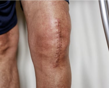 Close-up of a surgical scar on a patient's knee after total knee replacement surgery with crutches.