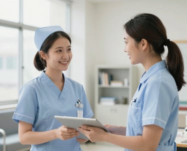 A group of nurses praying together in a hospital chapel, sharing a moment of fellowship.