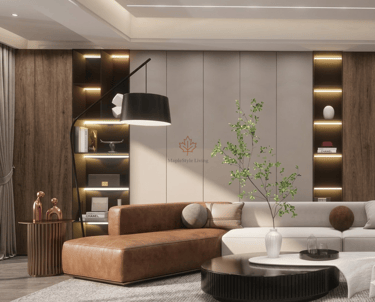 Modern luxury living room with a brown leather sectional, built-in lit shelving, and elegant minimalist decor.