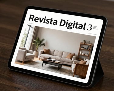 A portrait-oriented tablet screen showing a virtual real estate magazine with the title 'Revista Digital', displaying a minimalist layout of a modern South American living room.
