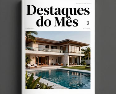 A high-quality magazine cover mockup titled 'Destaques do Mês' featuring a stunning luxury villa in a Brazilian coastal setting, styled with elegant typography and professional real estate photography.