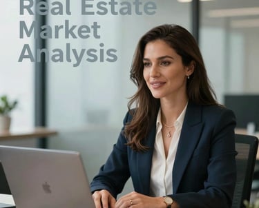 A video thumbnail showcasing a professional real estate market analysis, with Erika Gemus in professional attire in a modern office, including clean text overlays in light gray.