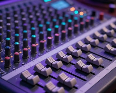 A close-up of a high-end audio mixing board in a North American / US recording studio. The sliders and knobs are highlighted by deep violet and cyan neon light.