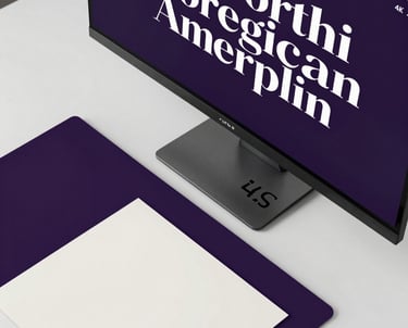 A top-down view of a minimalist graphic design workstation. High-end variable font typography is visible on a 4K monitor, with deep violet and off-white color swatches on the desk. North American / US office aesthetic.