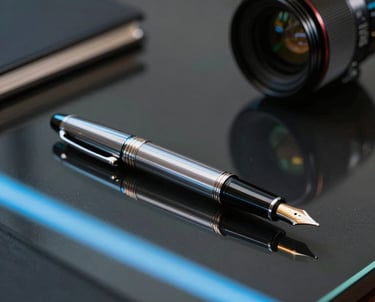 A close-up of a high-end fountain pen sitting on a black glass table, reflecting a glowing neon blue line. North American / US executive office setting.