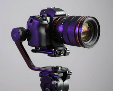 A professional digital camera mounted on a gimbal in a North American / US studio. Iridescent lighting from the side highlights its metallic texture with deep violet and cyan.