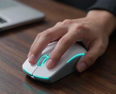 A close-up of a designer's hand using a high-precision mouse in a North American / US studio. The mouse glow is neon cyan against a dark wood desk surface.