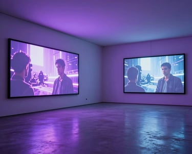 A wide angle shot of a minimalist gallery space with large digital screens displaying high-contrast cinematic video. The floor reflects neon violet lighting. North American / US location.