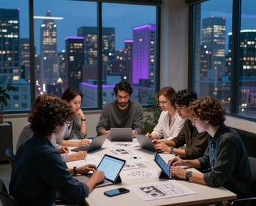 A creative meeting in a North American / US city loft. Large windows reveal a city at night with blue and purple light. The team is gathered around a table with tablets and designs.
