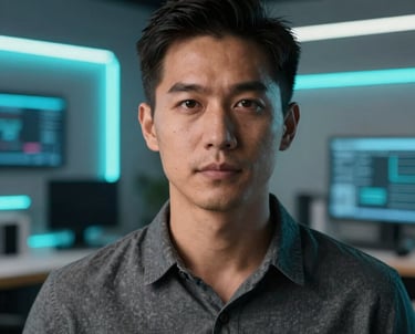 A portrait of a creative professional in a North American / US studio, looking focused. The background is a blurred high-tech workspace with glowing neon cyan accents.
