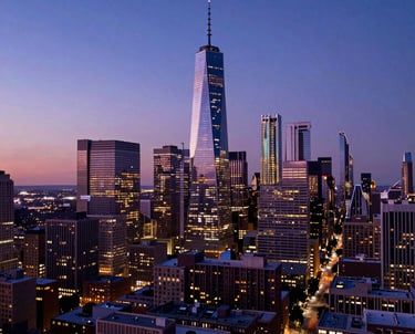 A high-end cinematic drone shot of a modern city skyline at dusk, with lights reflecting in electric blue and deep violet. North American / US metropolitan area.