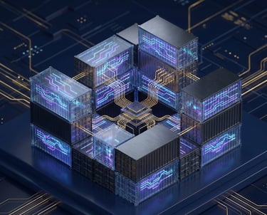 multiple blocks arranged around a microchip representing ecosystem frameworks