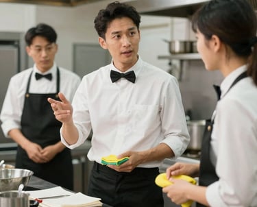 Professional waiter in a blue apron serving appetizers to diners at a modern restaurant table.