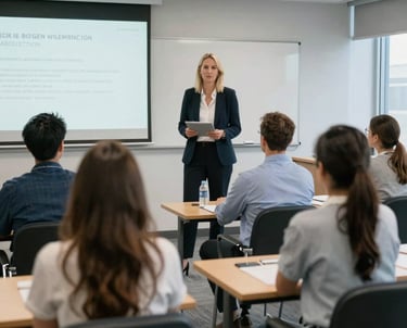A trainer guiding a small group of employees through a hands-on hygiene workshop in a bright, modern conference room.