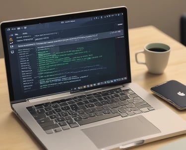 A focused developer working on Android app code with network diagrams on a screen nearby.