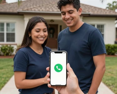 A happy couple standing in front of their home while a hand holds a smartphone showing a call icon.