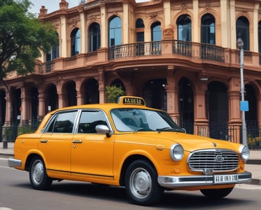 A clean, comfortable taxi parked outside the old power house in Bilaspur.