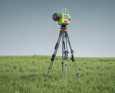 Surveyor using GPS equipment in a green field with clear blue sky.