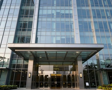 A high-end architectural shot of a modern glass office building entrance in New Delhi. The morning light is crisp and clear, reflecting a new beginning and professional trust.