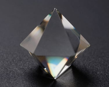 A macro photograph of an expensive glass prism on a dark surface, reflecting light in a clean and beautiful spectrum. Symbolizes clarity and precision.