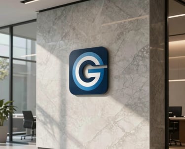 A photograph of a modern tech office lobby with a sleek logo on a marble wall. The environment is professional and implies corporate success.